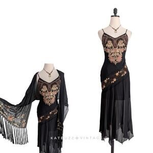Sue Wong Midi Maxi Dress Prom Gown 2 Black Silk Vintage Y2K Fairy Bead Floral